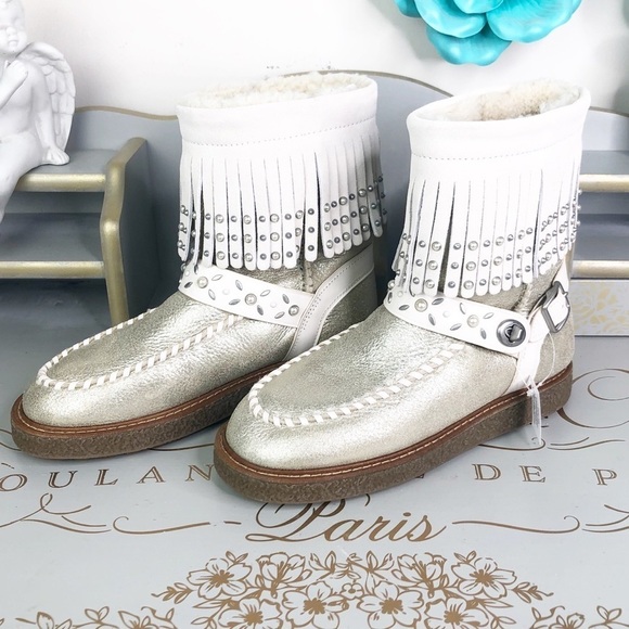 Coach gold metallic leather fringed boots - Picture 2 of 16